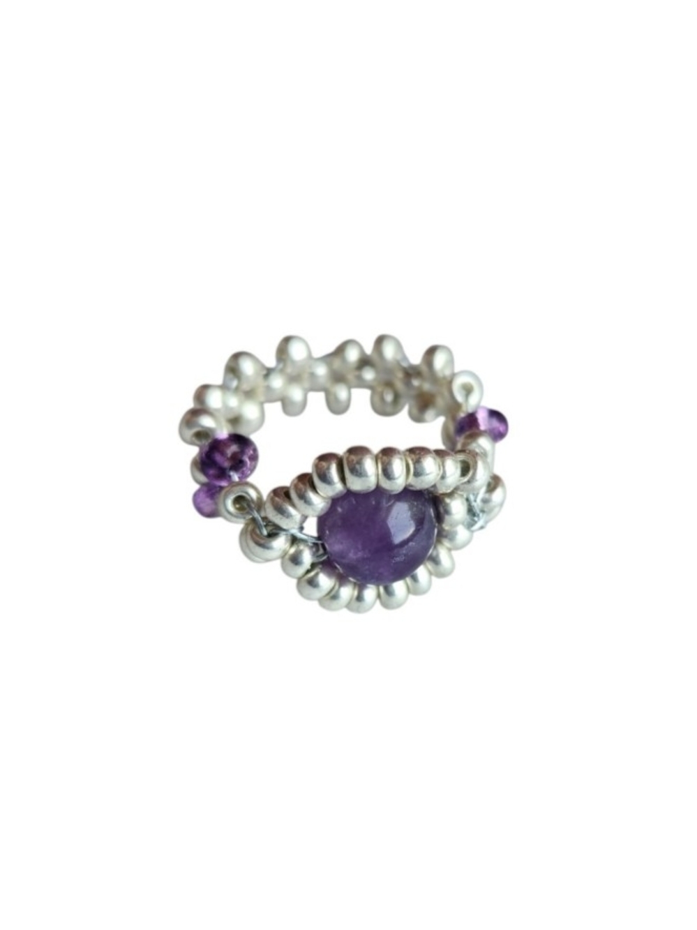 Silver Beaded Ring with Amethyst Stone